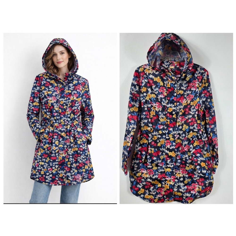 Jones Rain Jacket Women 6 Blue Floral Oversized Packable Waterproof Hooded